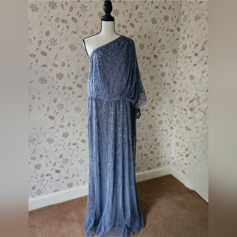 Adrianna Papell Blue Asymmetrical One Shoulder Gown